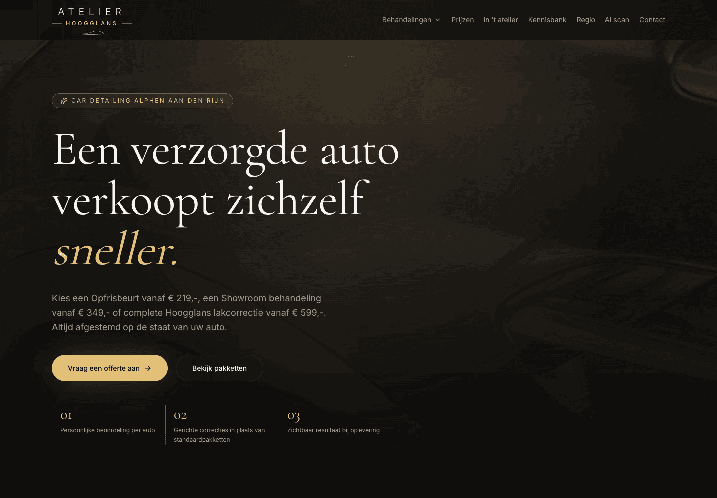 Website van Atelier Hoogglans met detailingaanbod, vanafprijs en aanvraagknop