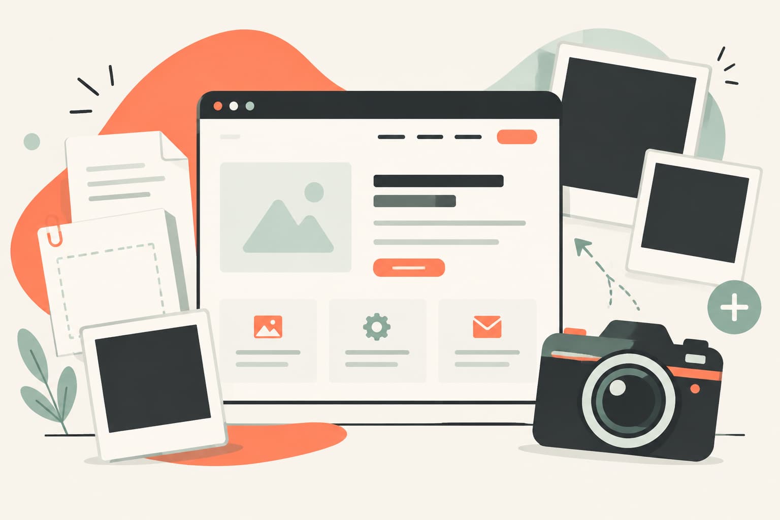 Illustratie van een zakelijke website in opbouw met lege fotokaders en een getekende camera, in zachte Clamz-kleuren.